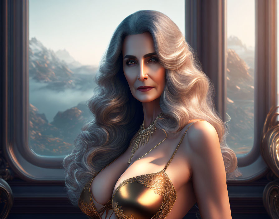 Elegant woman with long gray hair in golden dress by mountain view