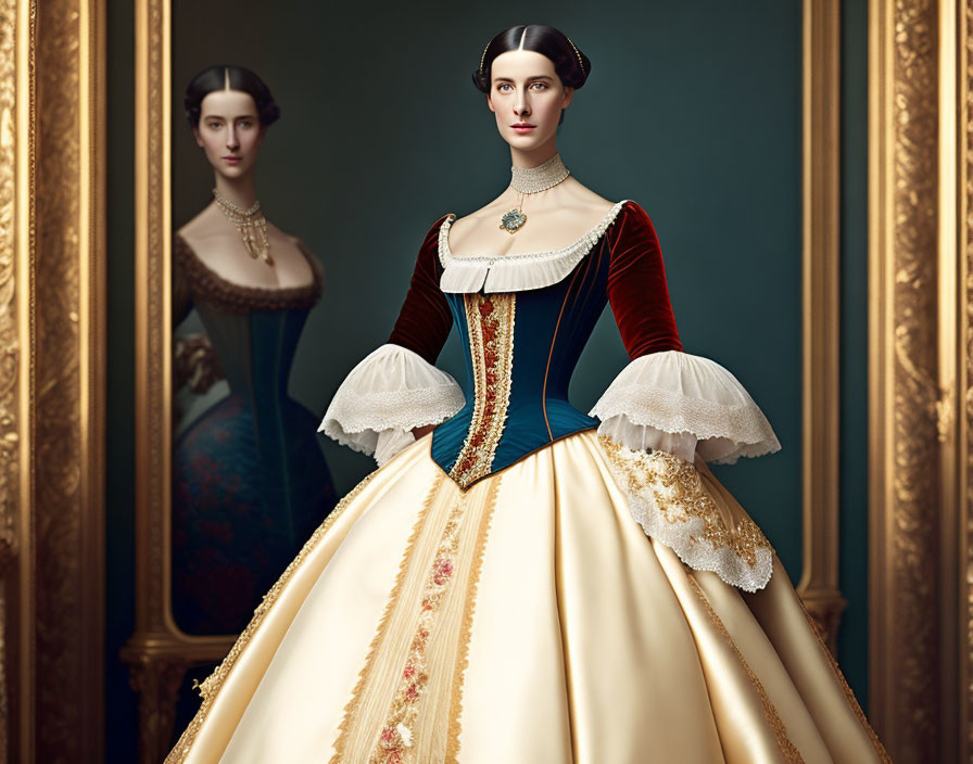 Elaborate historical dress with wide skirt and velvet bodice reflected in mirror