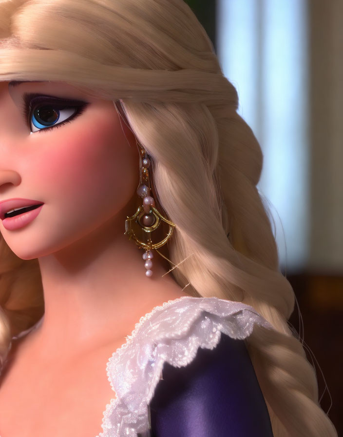 Blonde braid, blue eyes, purple dress: animated character details