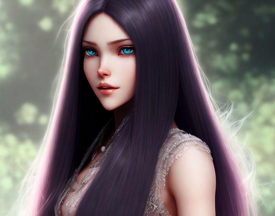 Digital artwork featuring woman with long purple hair and lace dress