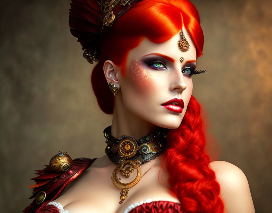 Vibrant red-haired woman in steampunk attire with striking gaze.