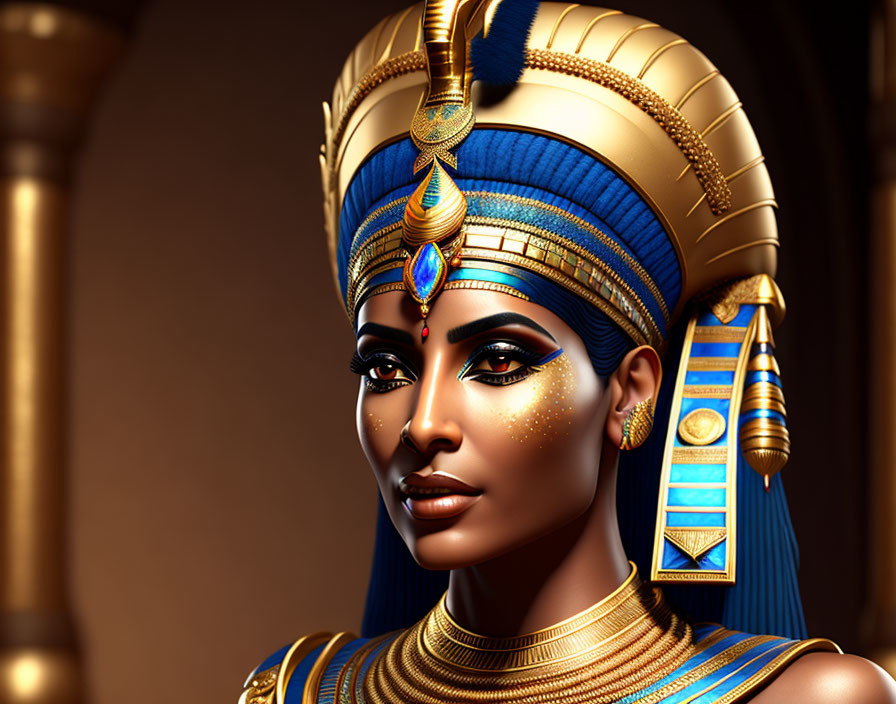 Ancient Egyptian queen illustration with gold and blue headdress