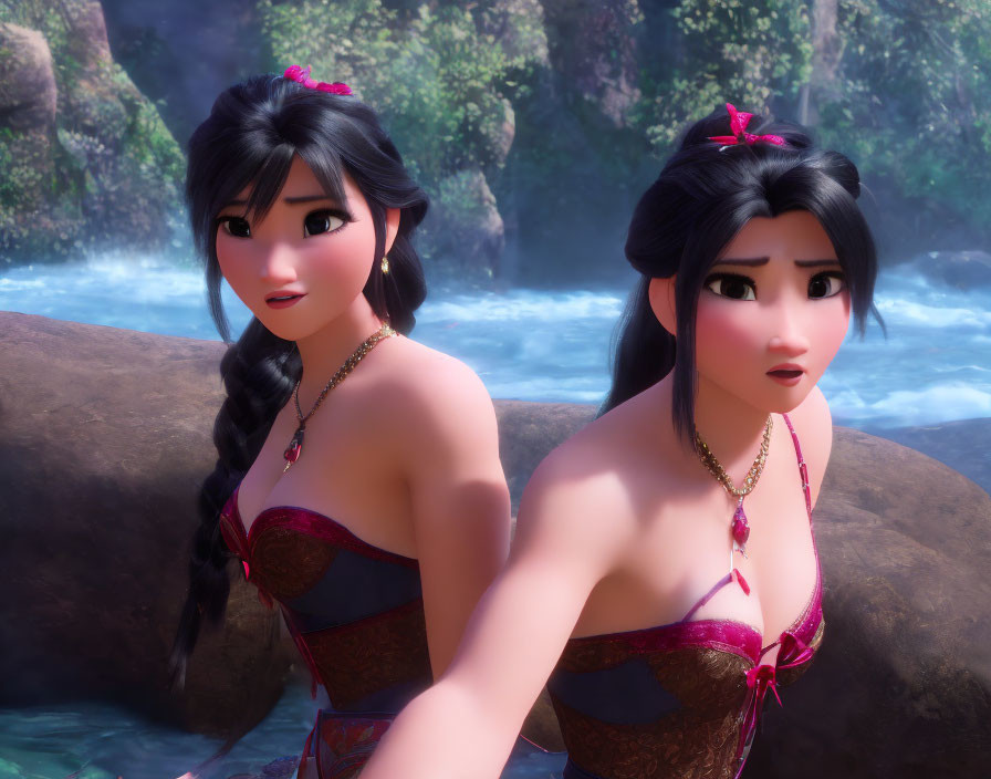 Two animated female characters in purple dresses by a river with a forest backdrop