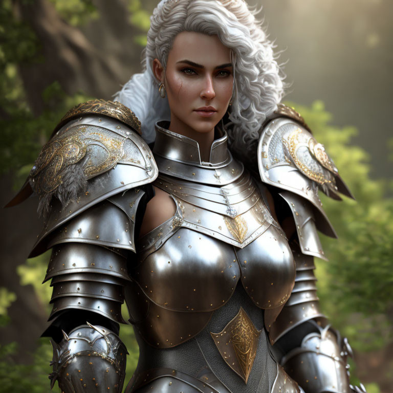 White Curly-Haired Female Warrior in Ornate Silver Armor in Fantasy Forest