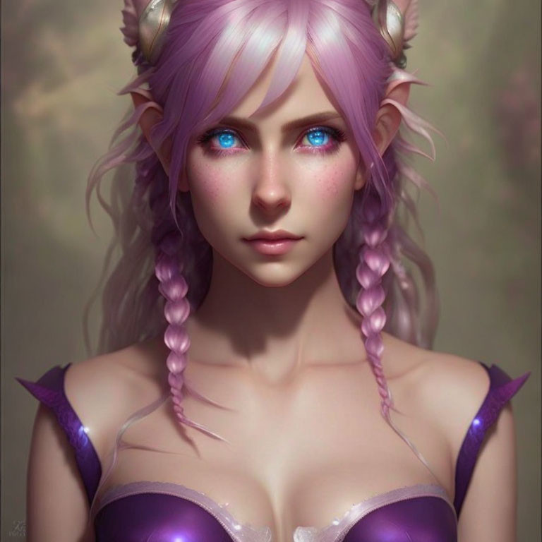 Fantasy Female Character with Bright Blue Eyes, Pointed Ears, Pink Braided Hair, and