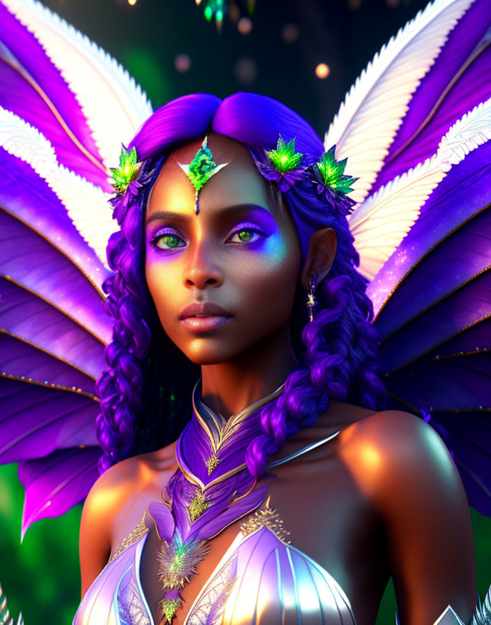 Purple-skinned woman with butterfly wings and mystical headdress in digital portrait