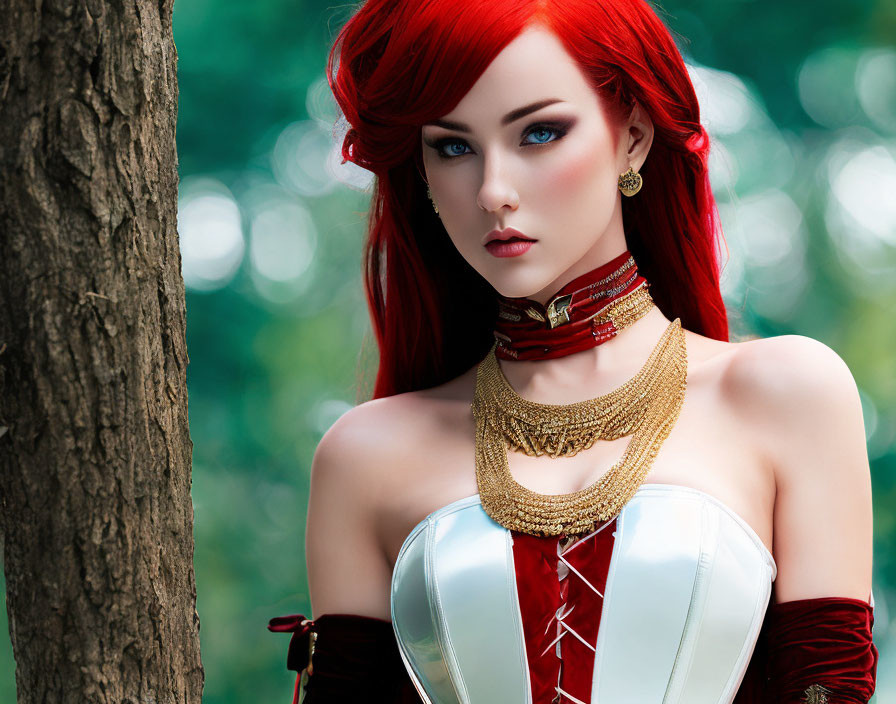 Digital artwork: Woman with red hair, blue eyes, gold choker, white/red corset on