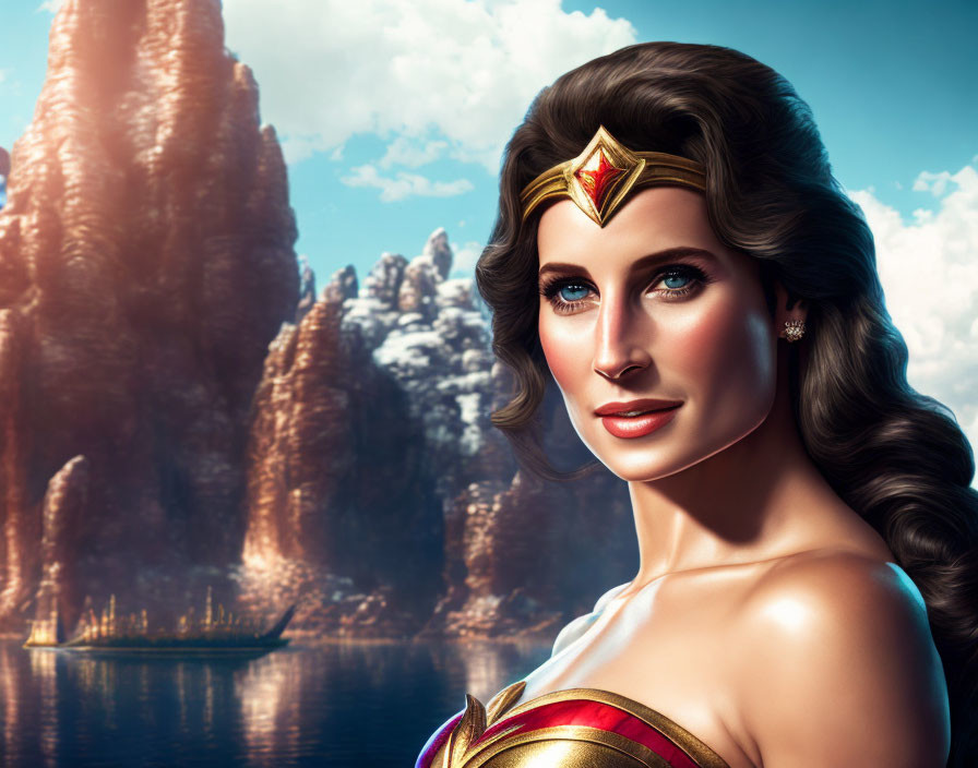 Realistic Wonder Woman portrait with blue eyes, wavy hair, gold tiara, majestic cliffs,