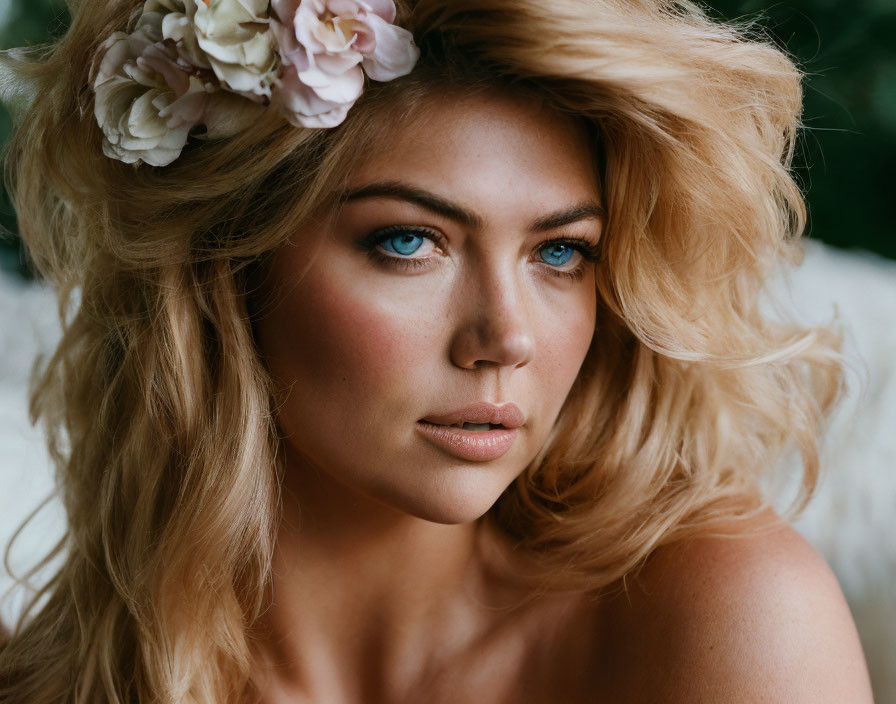 Blonde woman with blue eyes in floral headpiece gazes sideways