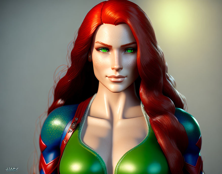 Detailed 3D illustration of woman in colorful, armored suit