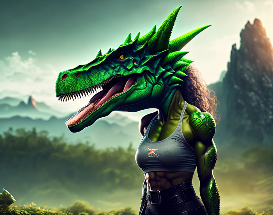 Composite Image: Woman with Dragon Head in Mountainous Setting