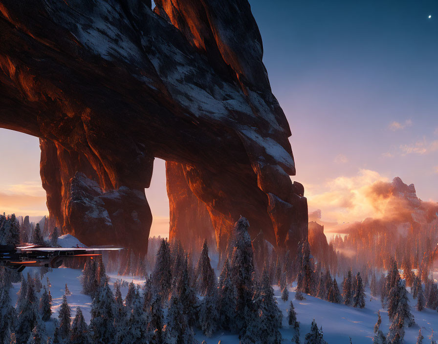 Snowy forest under imposing rock arch at dusk