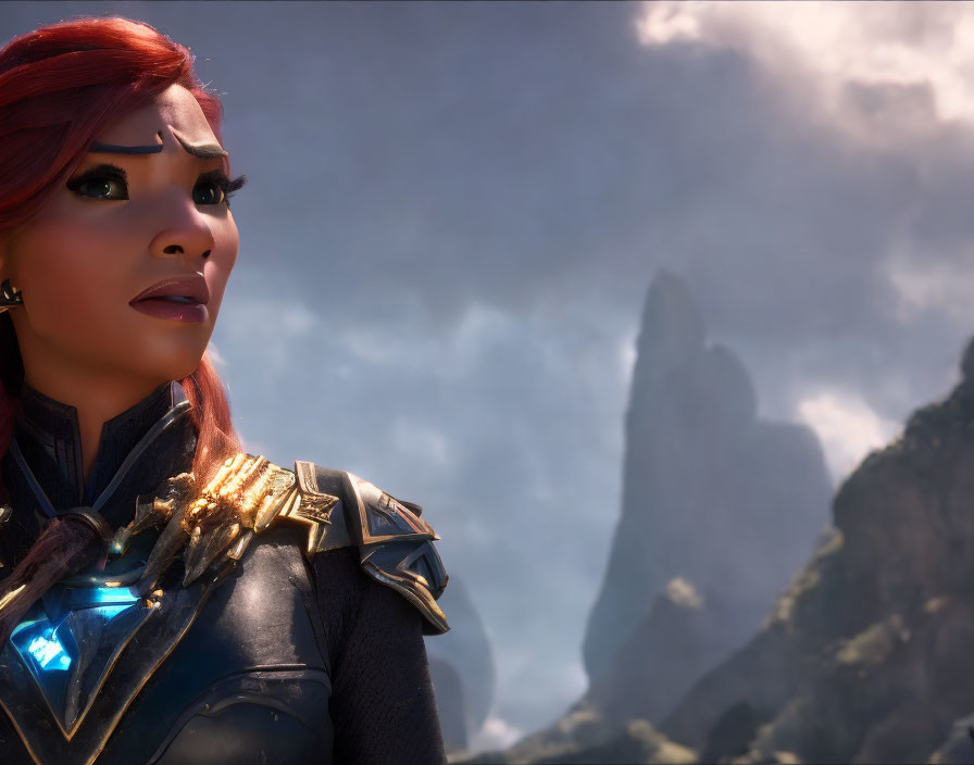 Red-Haired Female Character in Fantasy Armor 3D Rendered Against Mountain Backdrop