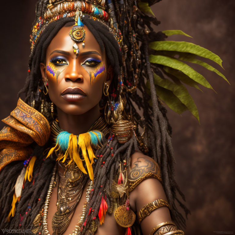 Woman with Tribal Face Paint, Headdress, and Jewelry: Strong and Regal Portrait