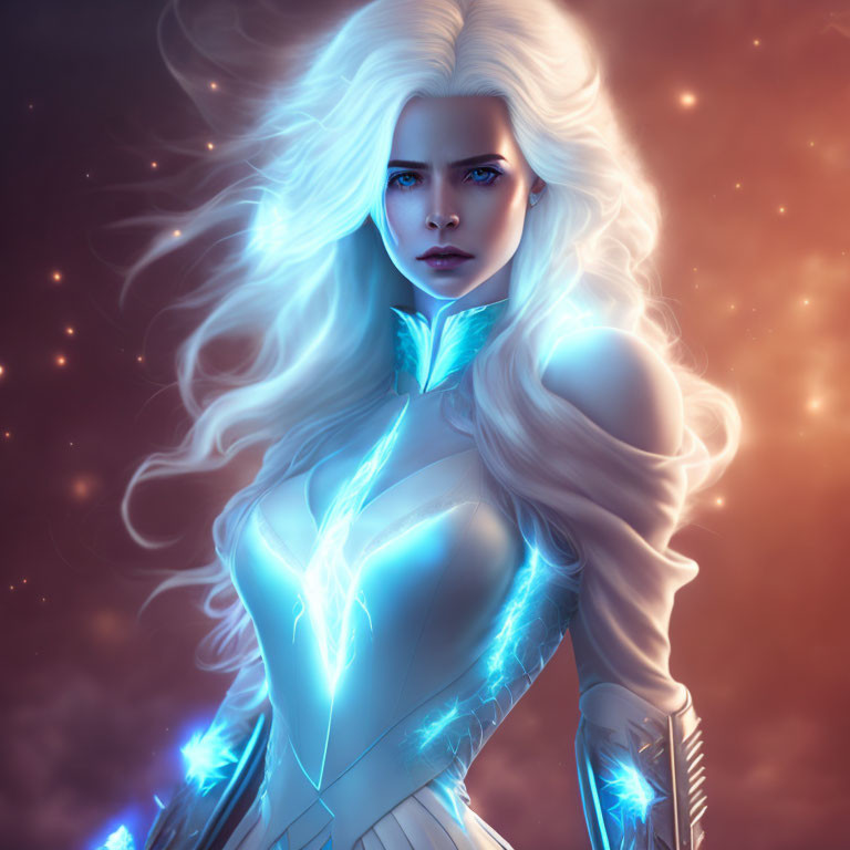 Digital art portrait of woman with glowing blue eyes and futuristic armor in cosmic setting