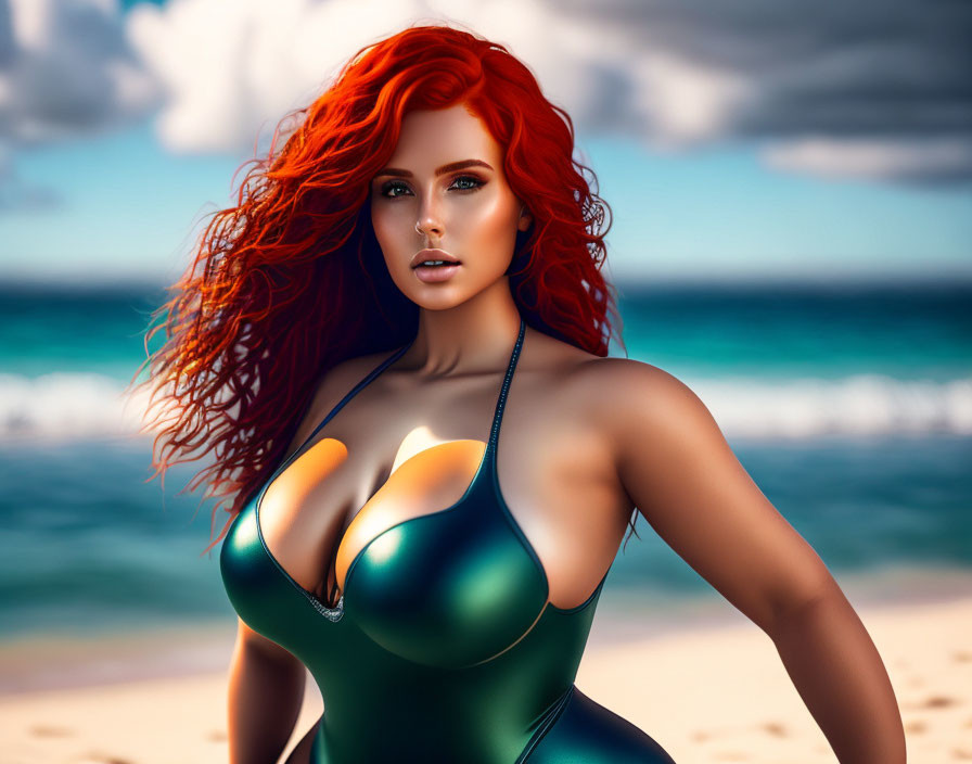 Vibrant red-haired woman in green swimsuit on beach with clear blue sky.