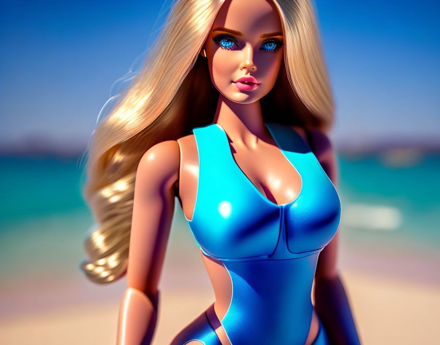 Blonde Haired Doll in Blue Swimsuit on Beach Scene