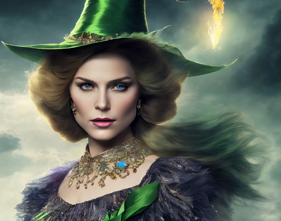 Woman with dramatic makeup and green witch hat under stormy sky with fiery comet tail.