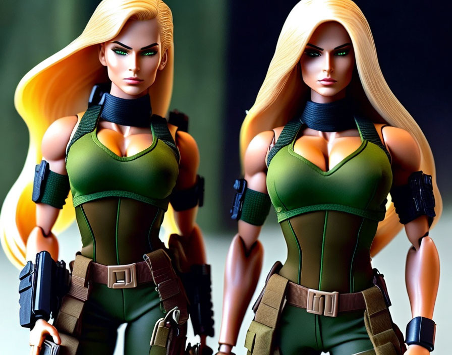 Identical Blonde Female Action Figures in Green and Black Bodysuits