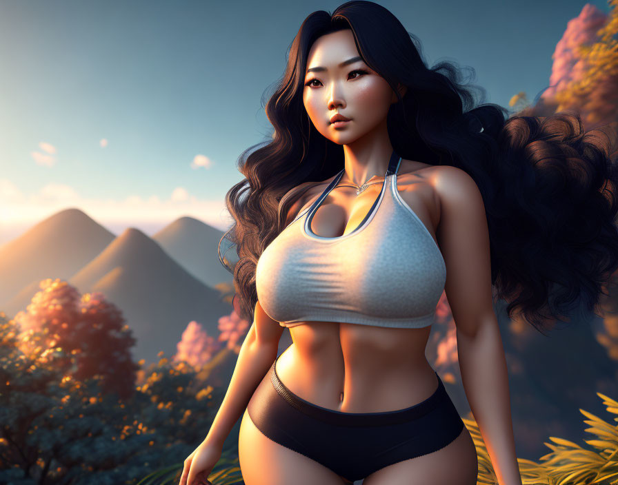 3D-rendered woman in activewear with flowing hair in mountain landscape