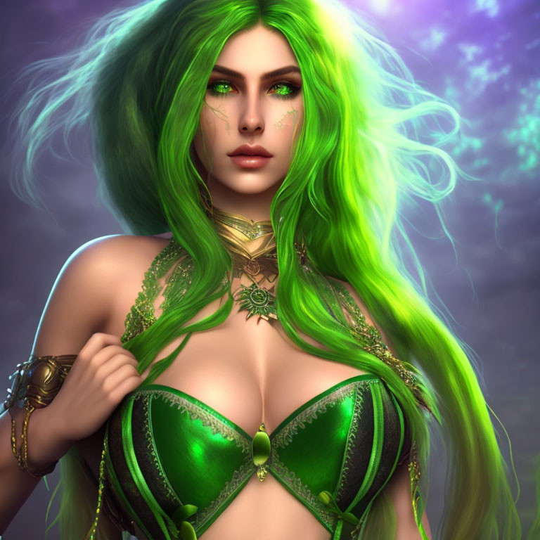 Fantasy female character with green hair, eyes, gold jewelry on purple background