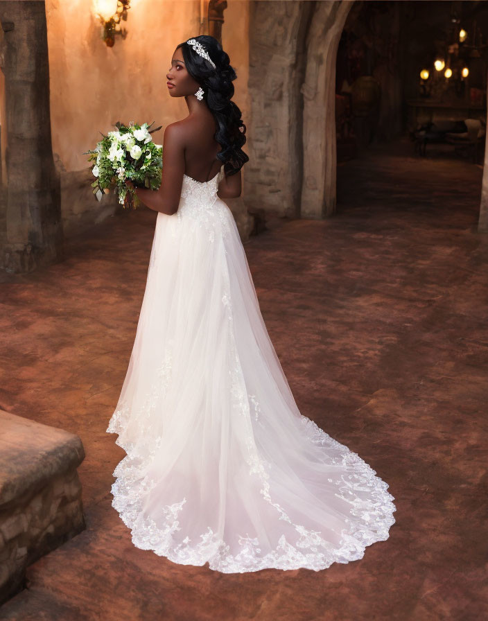 Elegant bride in white lace dress with bouquet in vintage setting