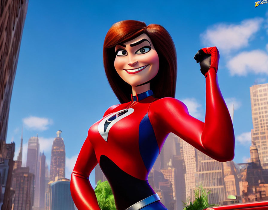 Female superhero in red suit with 'i' symbol, smiling in cityscape.