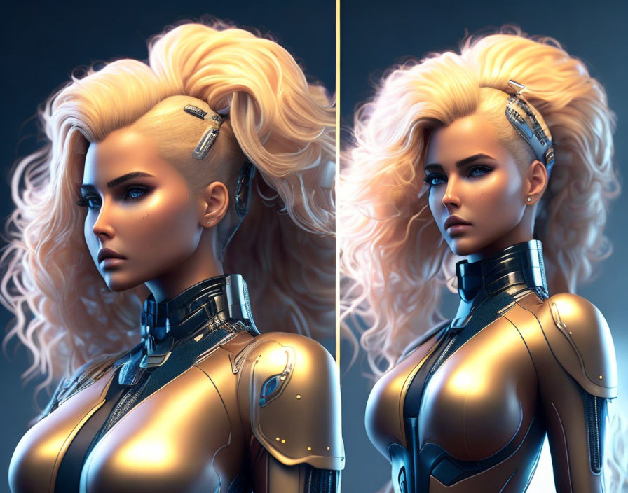 Blonde-haired female cyborg in futuristic suit & hair clips