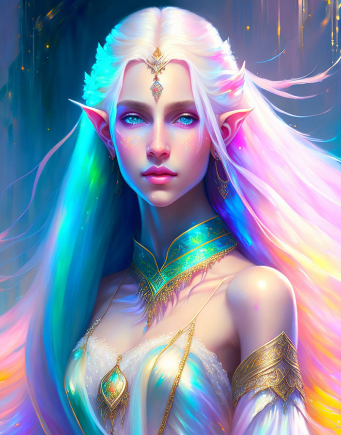 Ethereal elf with multicolored hair and blue eyes under blue backdrop