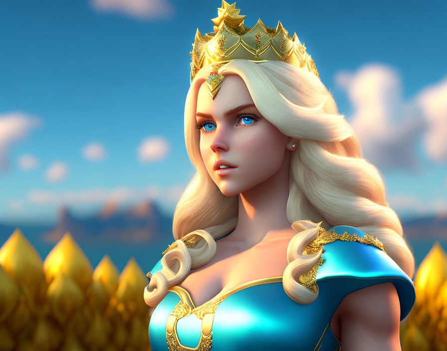 Blonde Queen with Golden Crown in Blue Dress on Golden Field