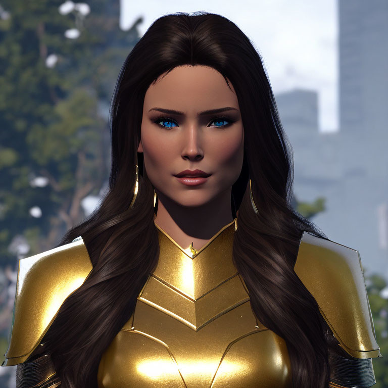 Digital portrait: Woman with blue eyes, brunette hair, gold armor, futuristic design.