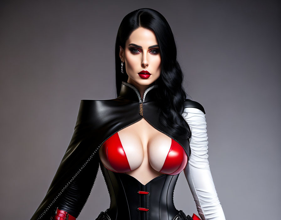 Dark-haired woman in red lipstick and corset poses in high-collared jacket and gloves on grey