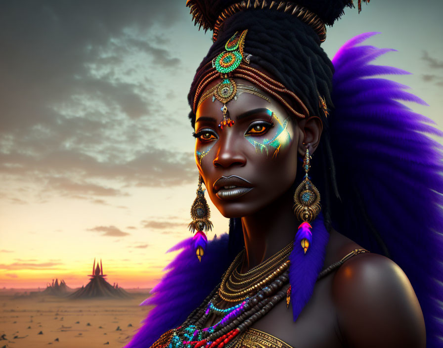 Woman with intricate face paint and traditional jewelry against sunset mountains