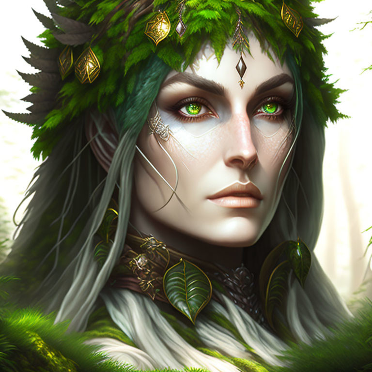 Detailed Illustration: Female Elf with Green Eyes, Leafy Headgear, and Forest Jewelry