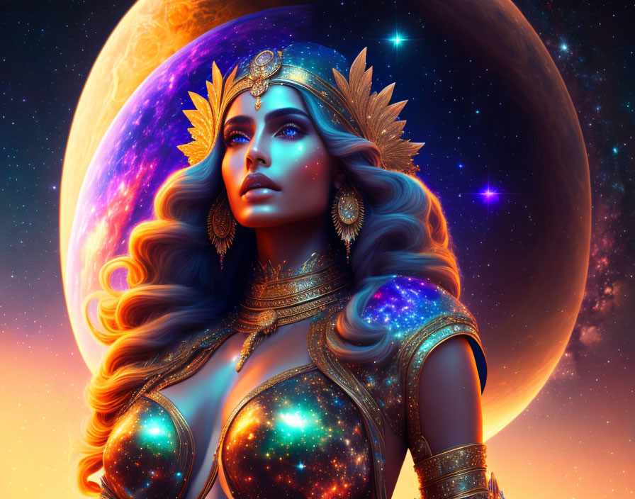 Fantasy Artwork: Woman in Cosmic Armor with Celestial Background