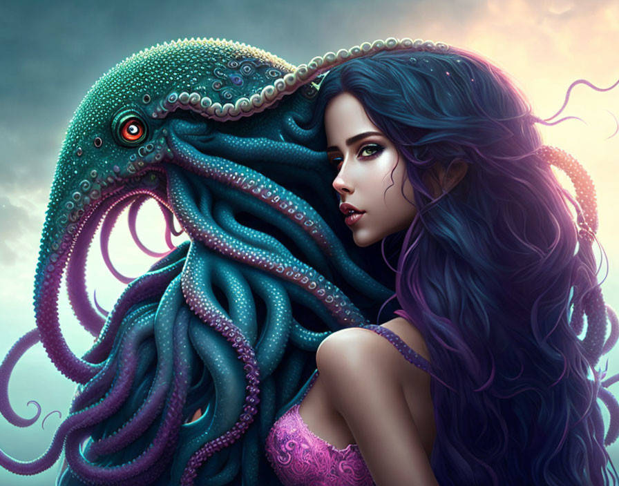 Fantastical image of dark-haired woman with vibrant green-eyed octopus on moody blue backdrop