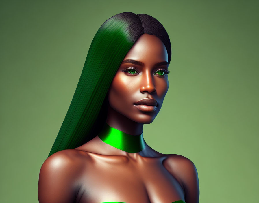 Digital art portrait of woman with smooth skin, green eyes, and green-highlighted hair on green background