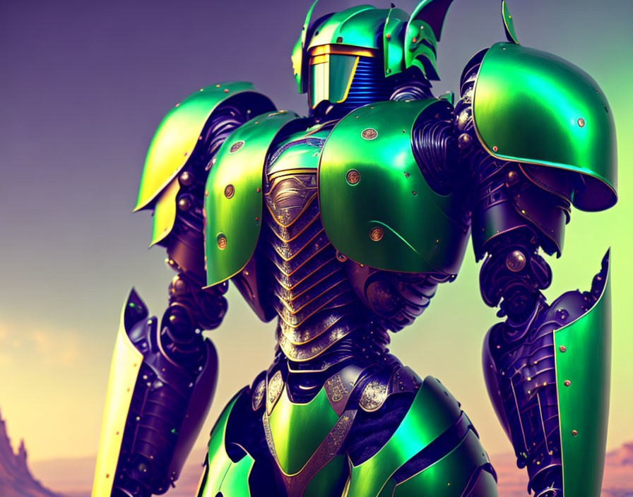 Futuristic robot in green armor under purple sky on desert landscape