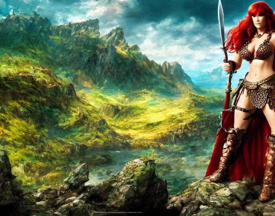 Red-Haired Warrior Woman in Armor with Sword in Mountainous Landscape