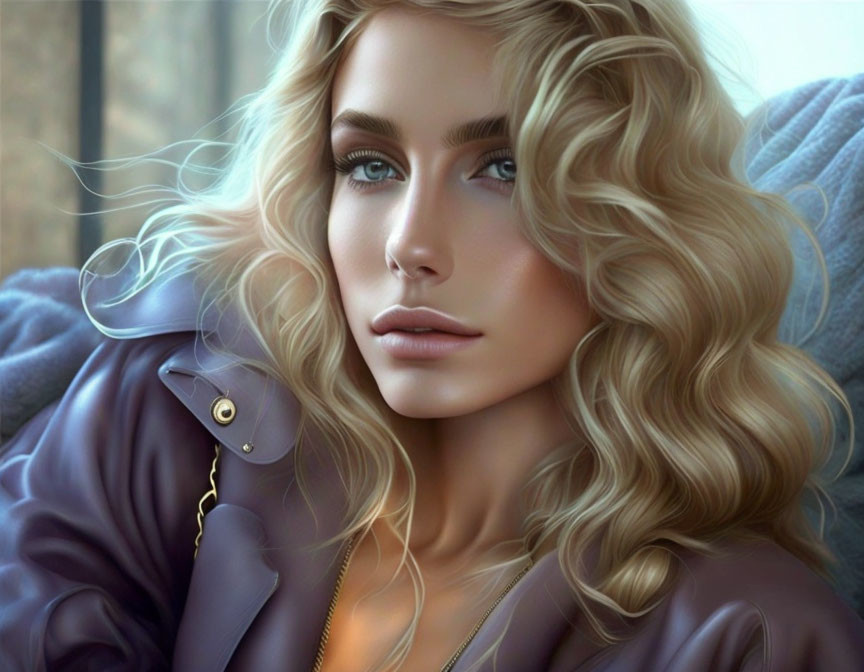 Blonde Curly-Haired Woman in Purple Jacket with Blue Eyes