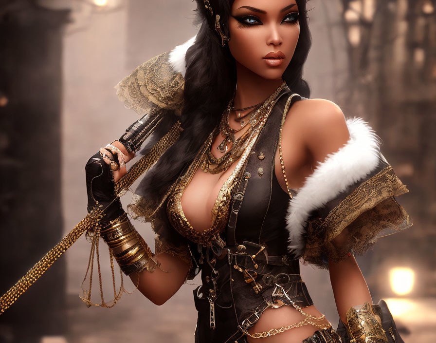 Dark-haired warrior woman in black and gold outfit with fur details holding a staff