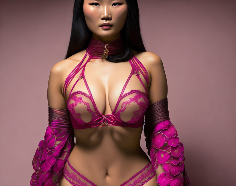 Digital artwork: Woman in magenta lingerie with choker and arm accessories on pink backdrop