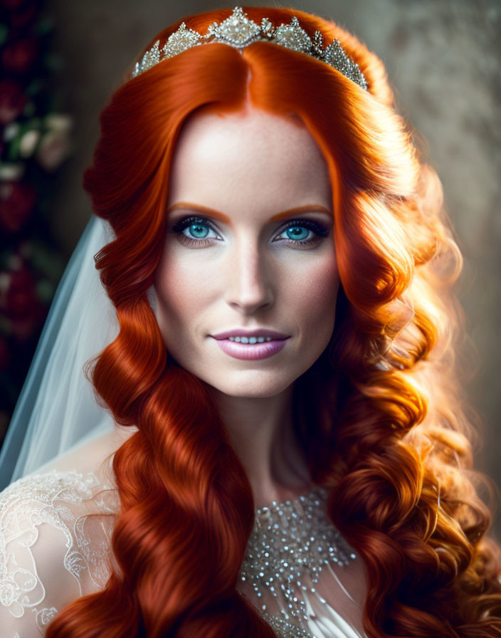 Vibrant red-haired woman in white bridal gown with tiara and veil gazes directly.