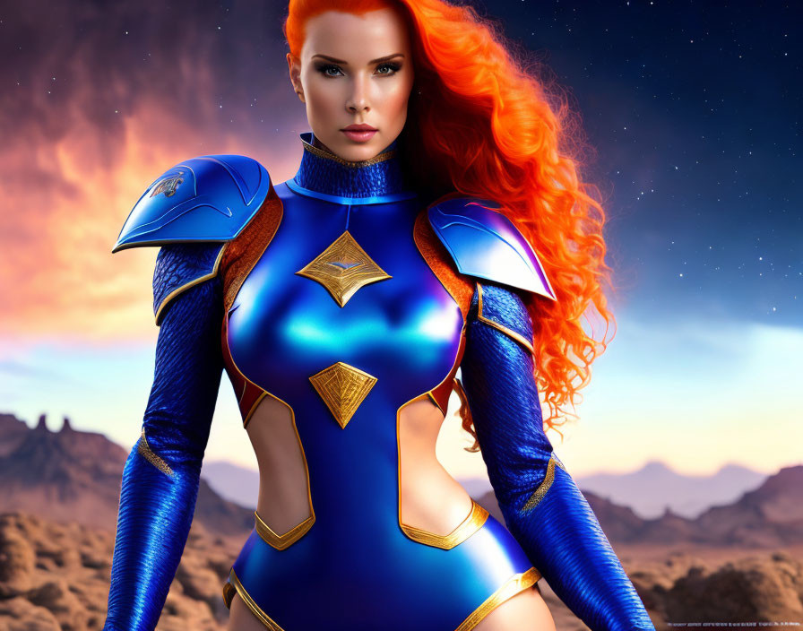 Female superhero with fiery red hair in blue and gold costume against desert backdrop