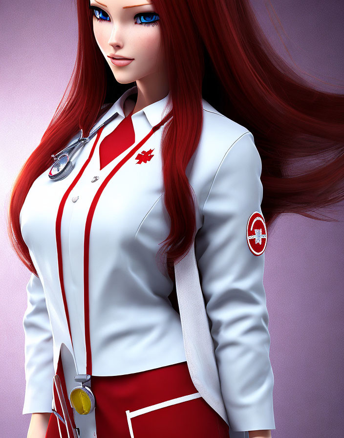 3D-rendered image of woman with long red hair in medical coat