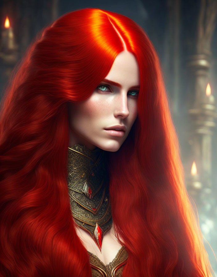 Vibrant red hair woman in gold armor in mystical setting