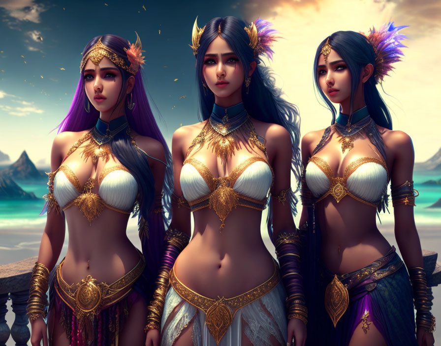 Three animated female characters in fantasy attire on beach with ocean and mountains