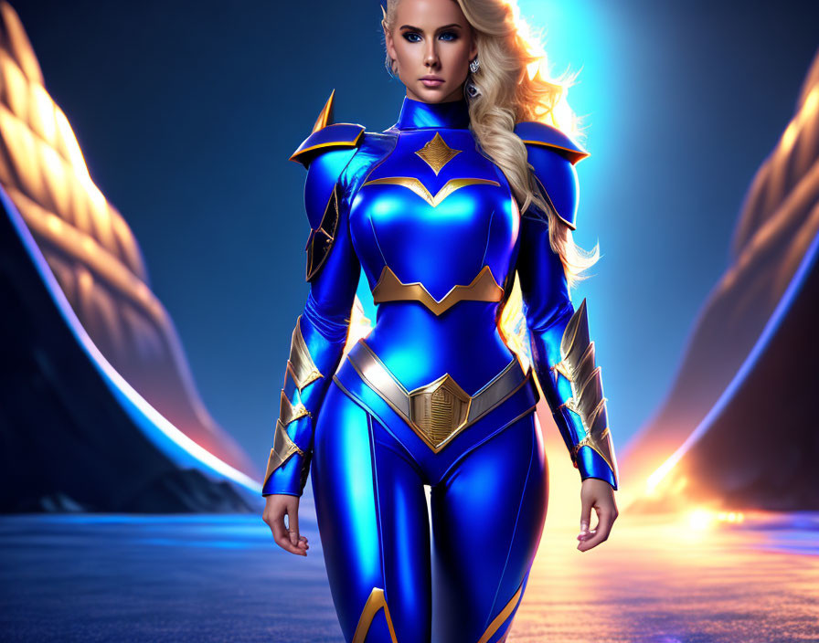 Female superhero in blue and gold costume with dynamic light effects