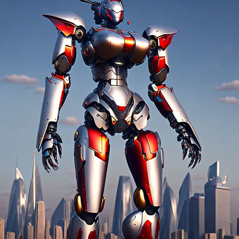 Metallic Red and White Armored Humanoid Robot in City Skyline Setting