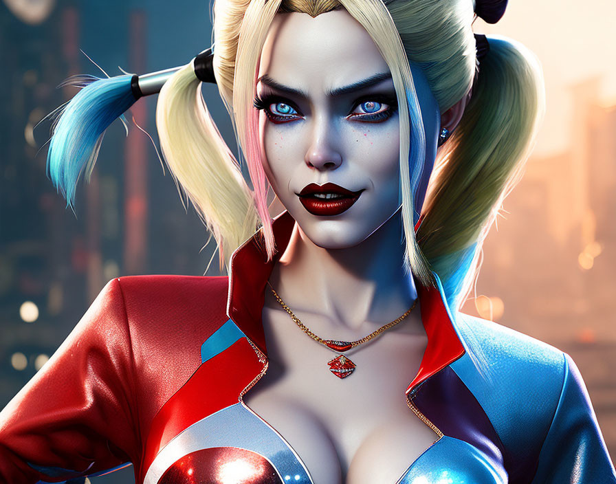 Digital artwork of female character with blue eyes, blonde hair with colorful tips, red and blue jacket,